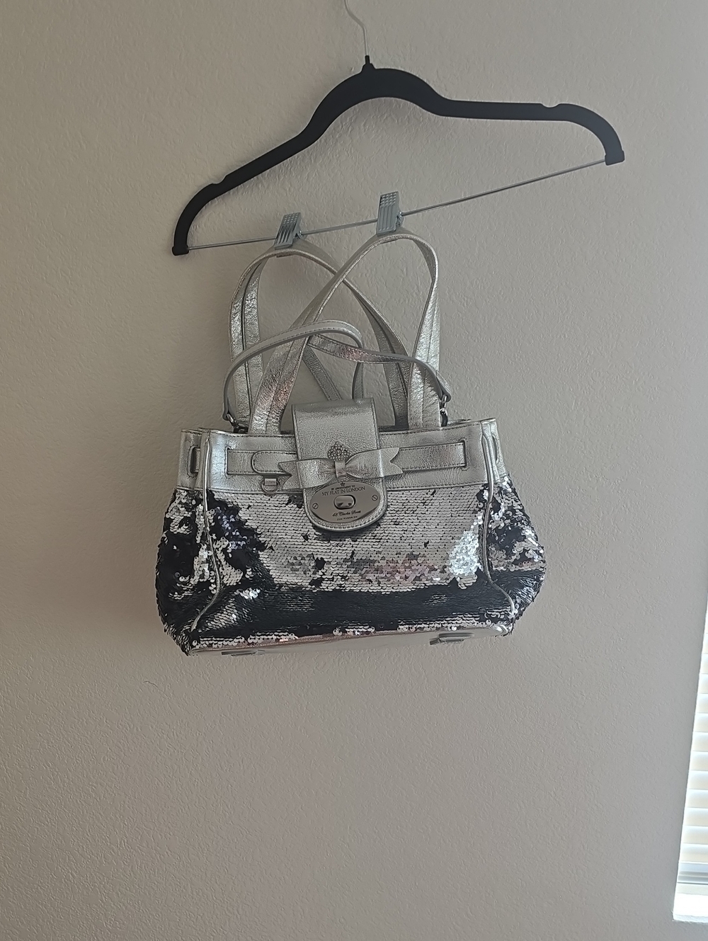 My Flat in London Silver Sequin Satchel with Black Accents